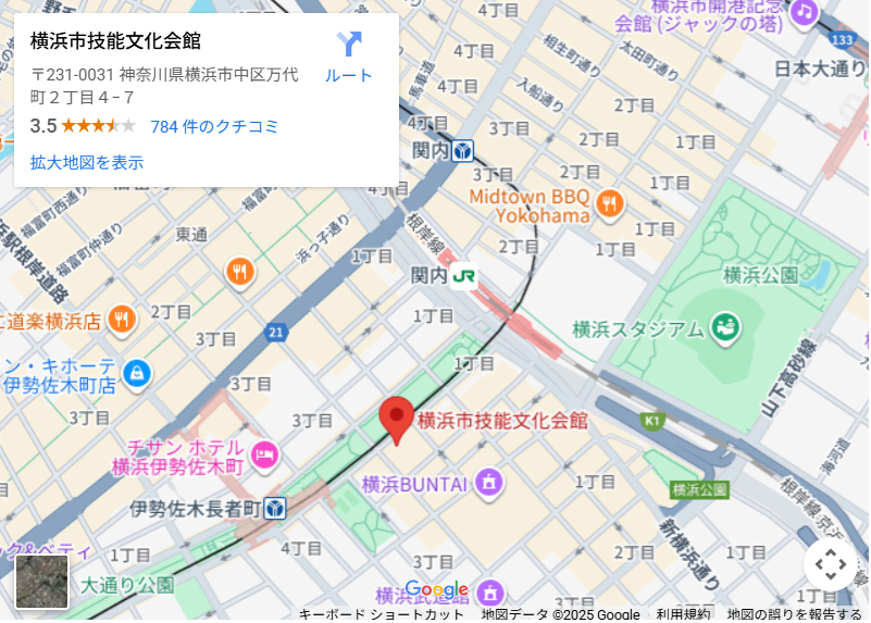 横浜市技能文化会館の地図。JR関内駅南口から徒歩5分